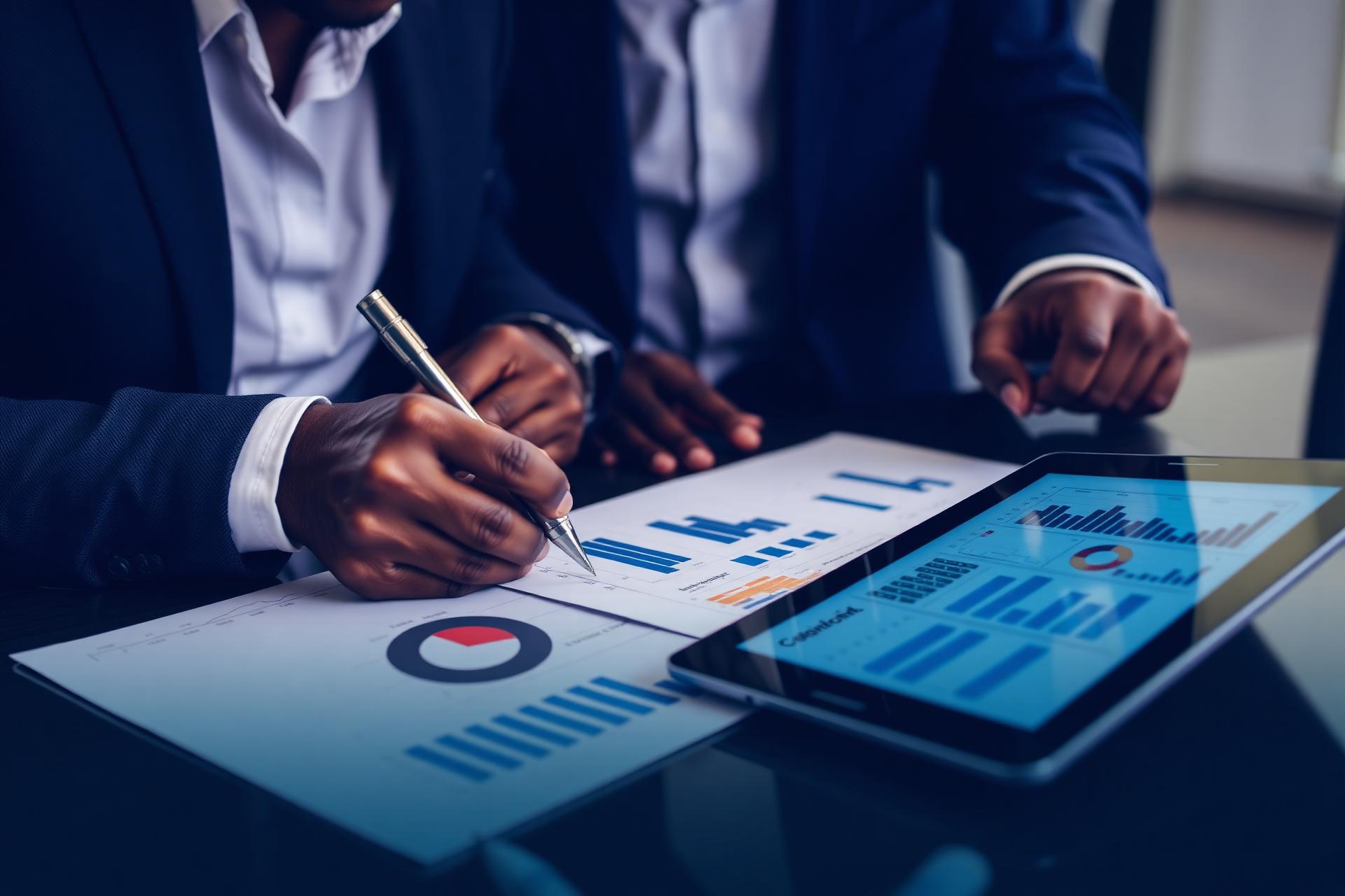 African business professionals reviewing financial reports